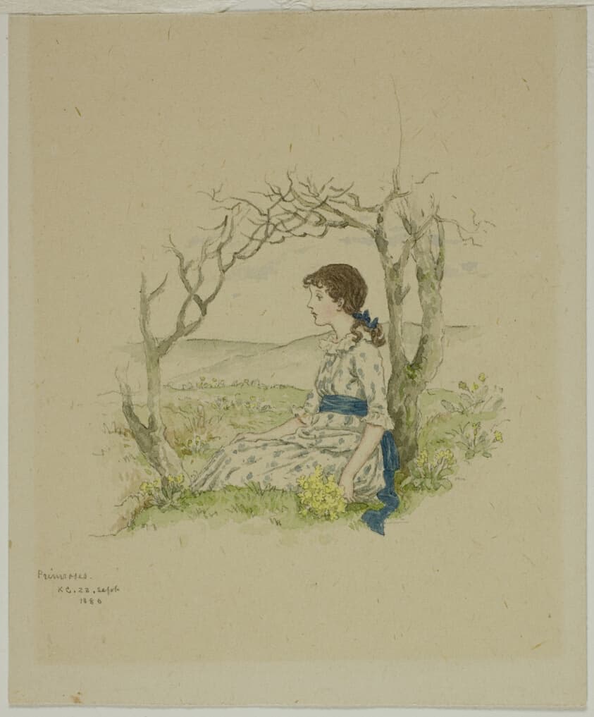 Seated Girl with Primroses — Kate Greenaway