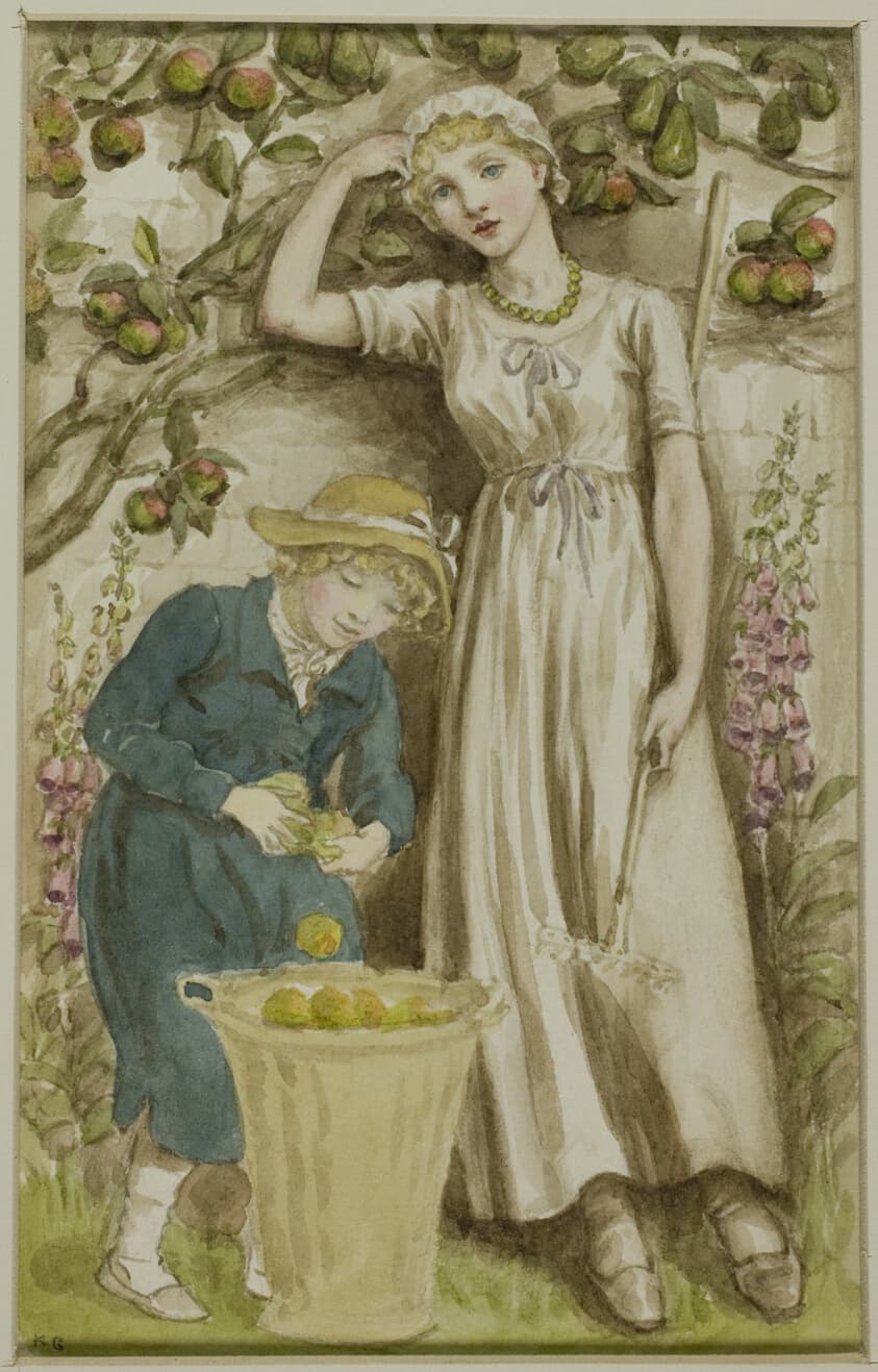 Girl and Boy Picking Apples — Kate Greenaway
