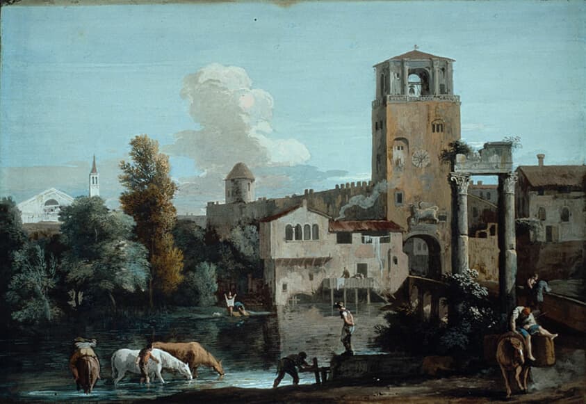 A Capriccio with Horses Watering in a River Outside a Walled Town — Marco Ricci