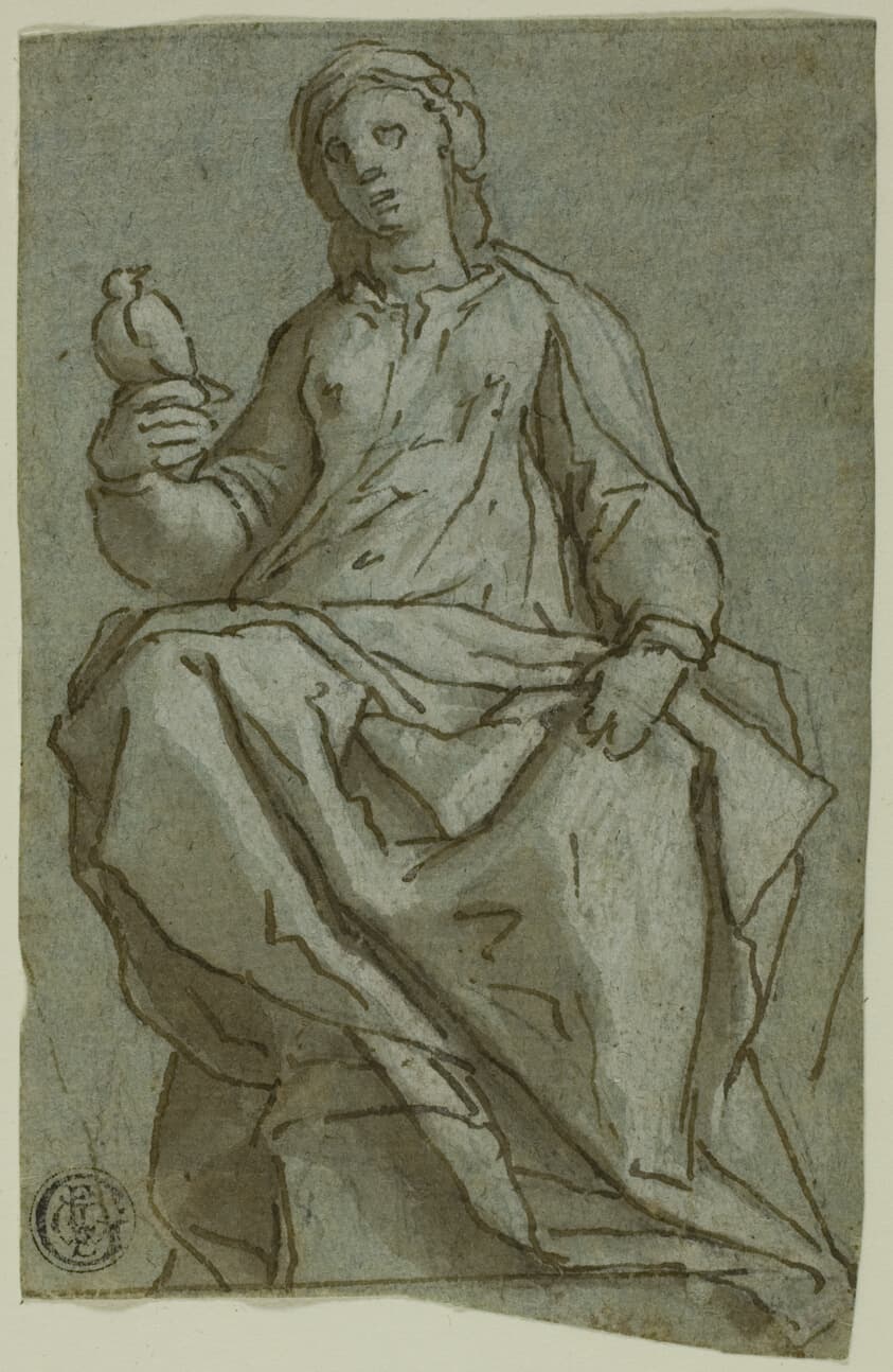 Seated Female Figure (Saint Scholastica?) Holding a Dove — Lazzaro Tavarone