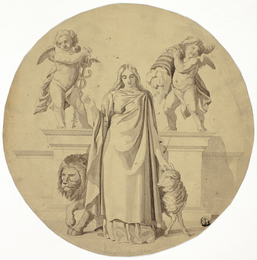 Allegorical Female Figure with Lion, Lamb, Two Putti — Baron Frederic Leighton