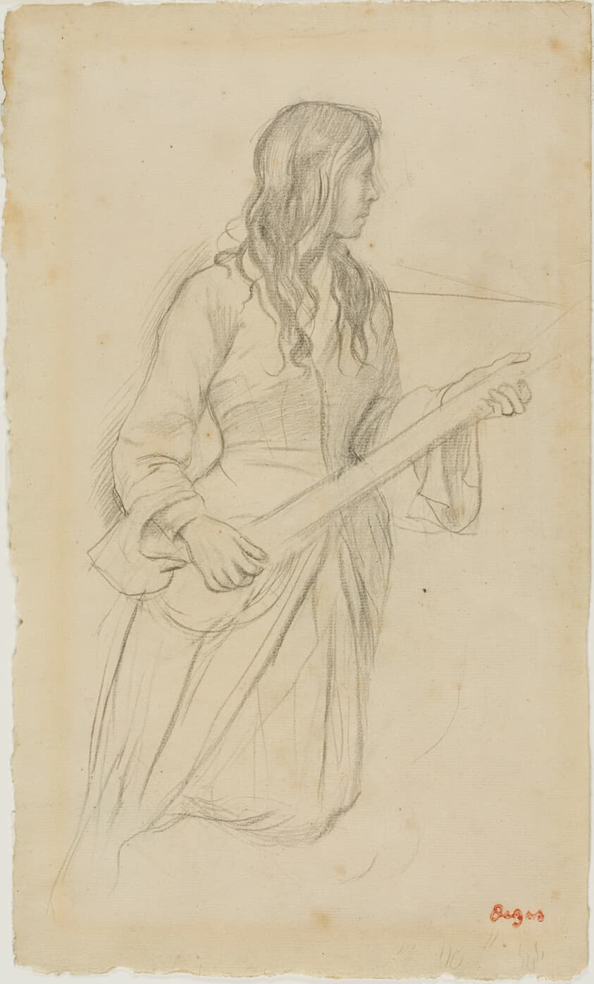Young Woman Playing a Mandolin, Study for Portrait of Mlle. Fiocre in the Ballet "La Source" — Edgar Degas