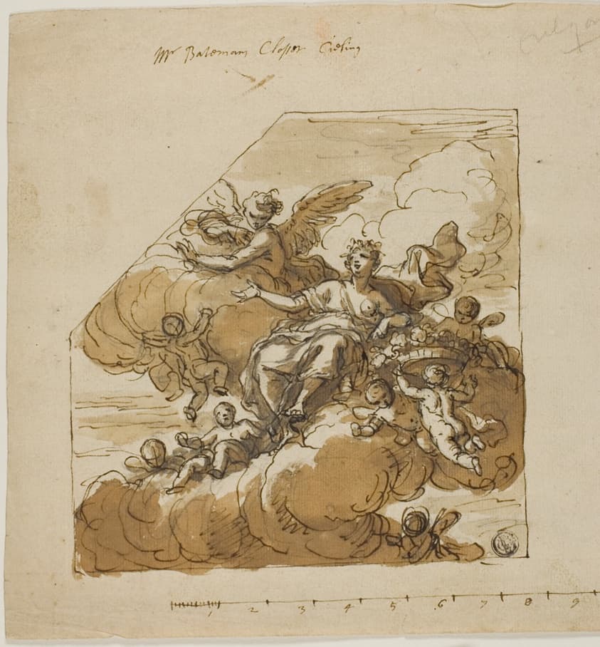Flora Design for Closet Ceiling (left) and Statue of Apollo Design for Blank Niche (right), for Bateman House, London — James Thornhill