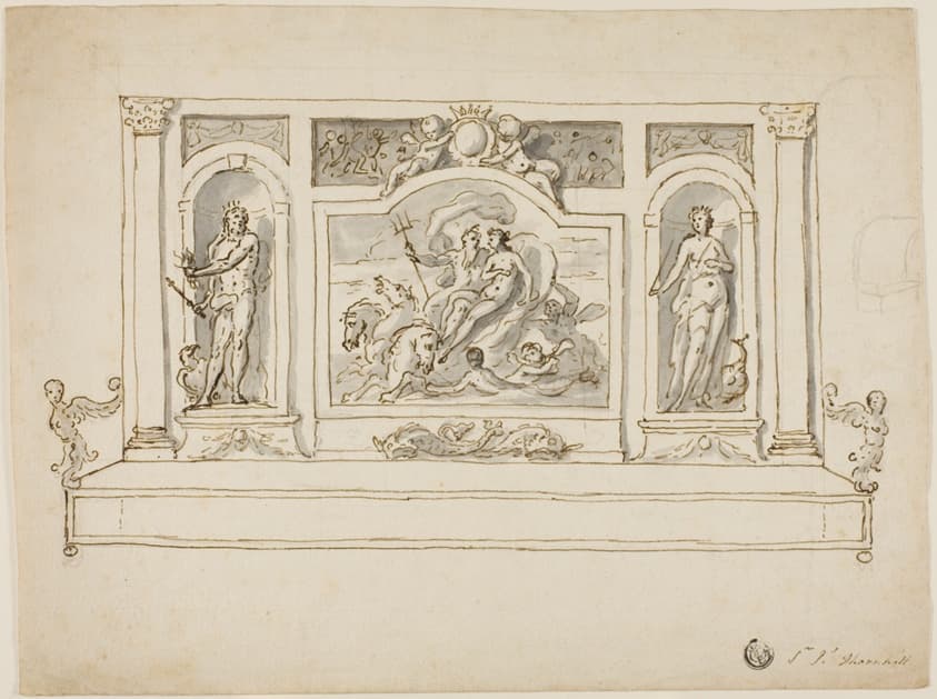 Neptune and Amphitrite Flanked by Jupiter and Juno: Design for Painted Hall or Garden Bench — James Thornhill