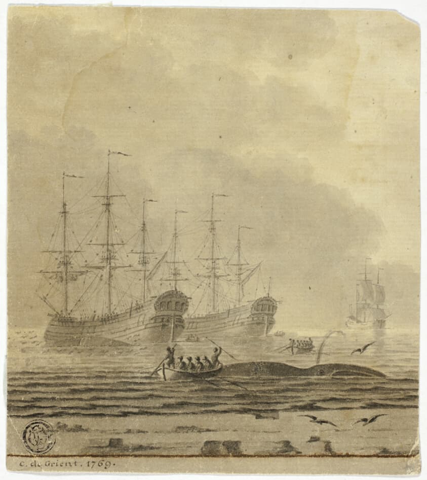 Whaling Ships and Small Boats with Whale — Cornelis Ouboter van der Grient