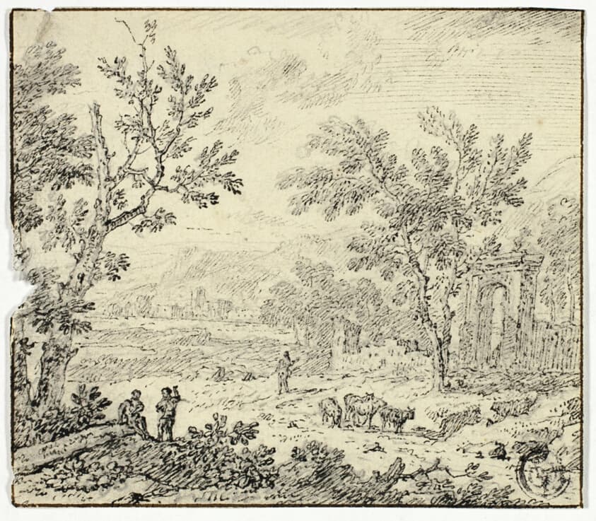 Landscape with Goats, Goatherd and Ruins — Jan van Huysum
