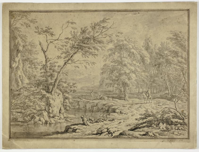 Landscape with Shepherds by River and Man on Horseback — Jan van Huysum