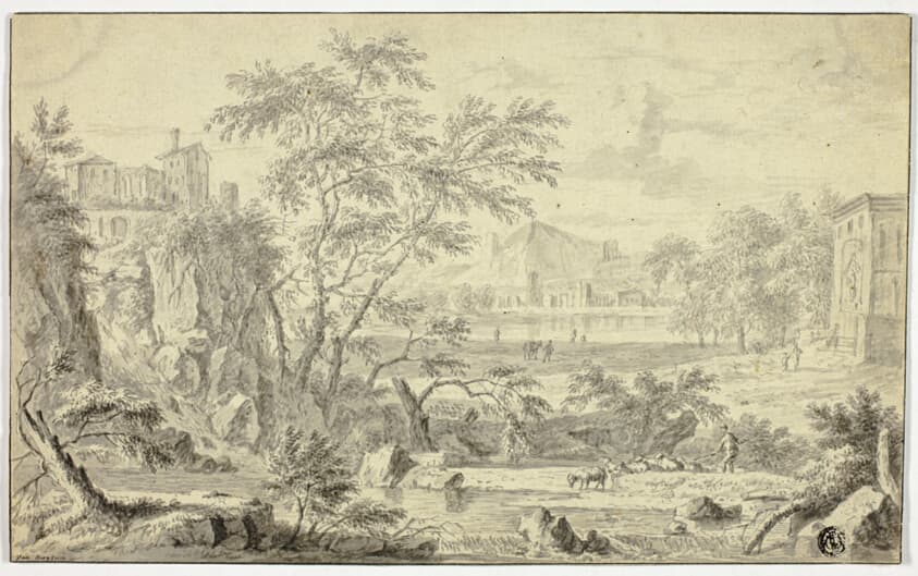 Italianate Landscape with Shepherd and Flock by Stream, Town in the Distance — Jan van Huysum