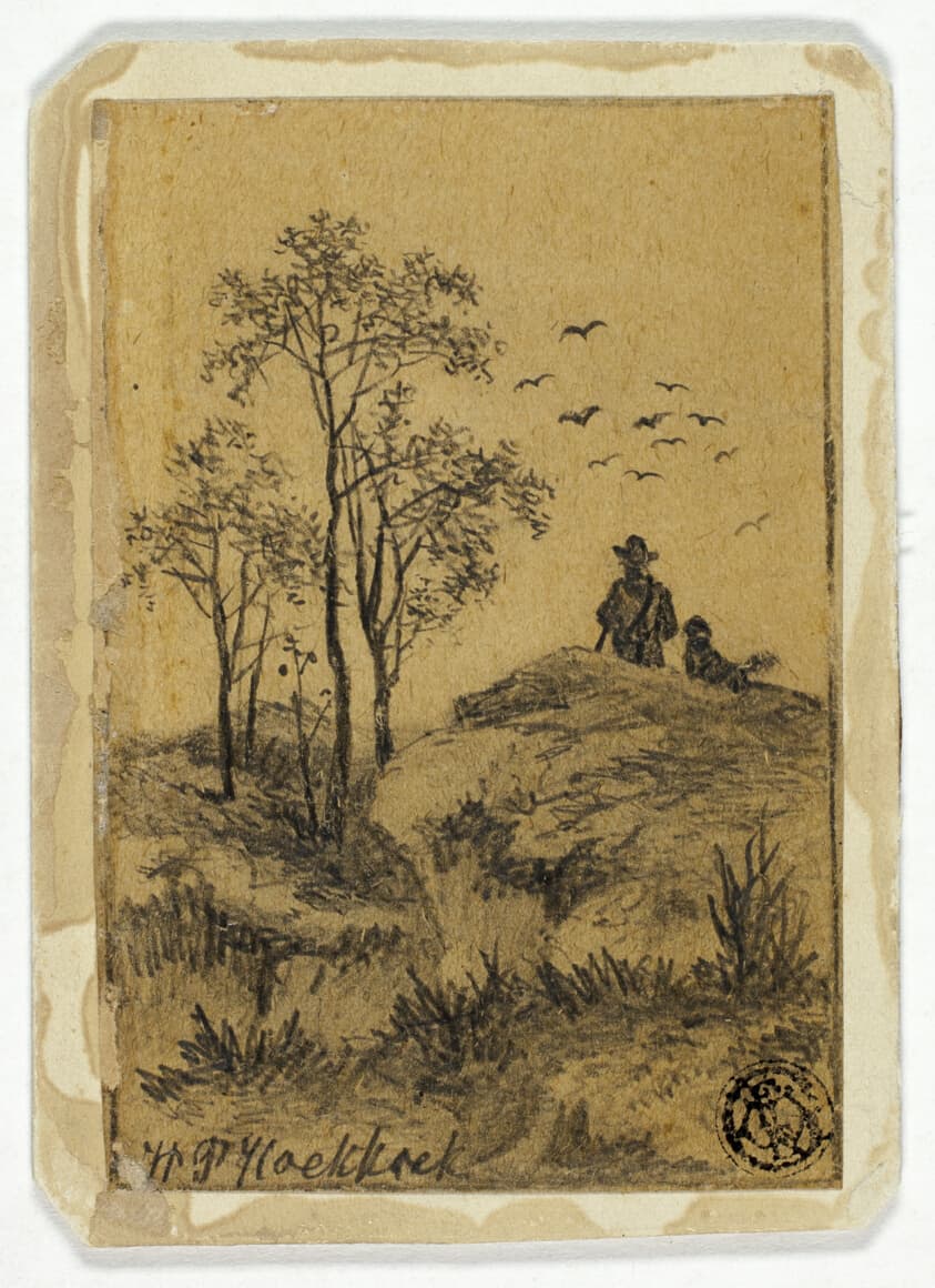 Hunter and Dog on Hill Watching Birds — Hendrik Pieter Koekkoek