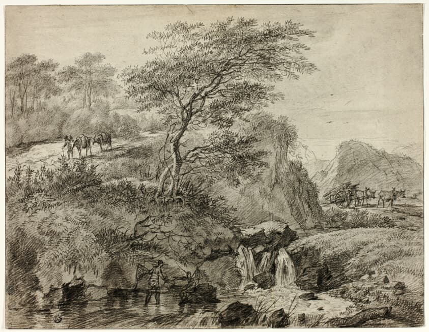 Hilly Landscape with Figures Beside Waterfall — Gerard van Nijmegen