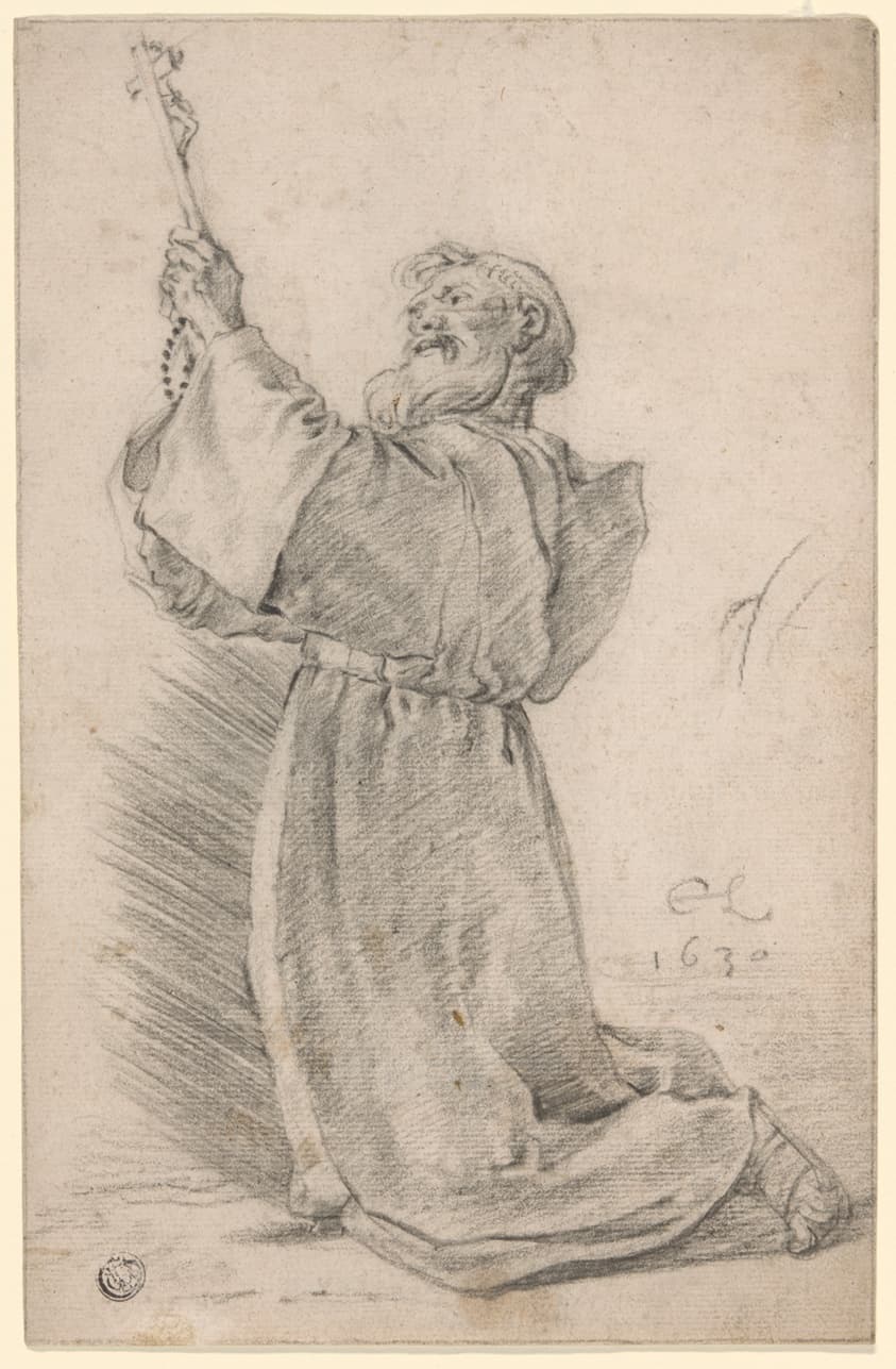 Kneeling Monk Holding a Crucifix — Cornelis Saftleven