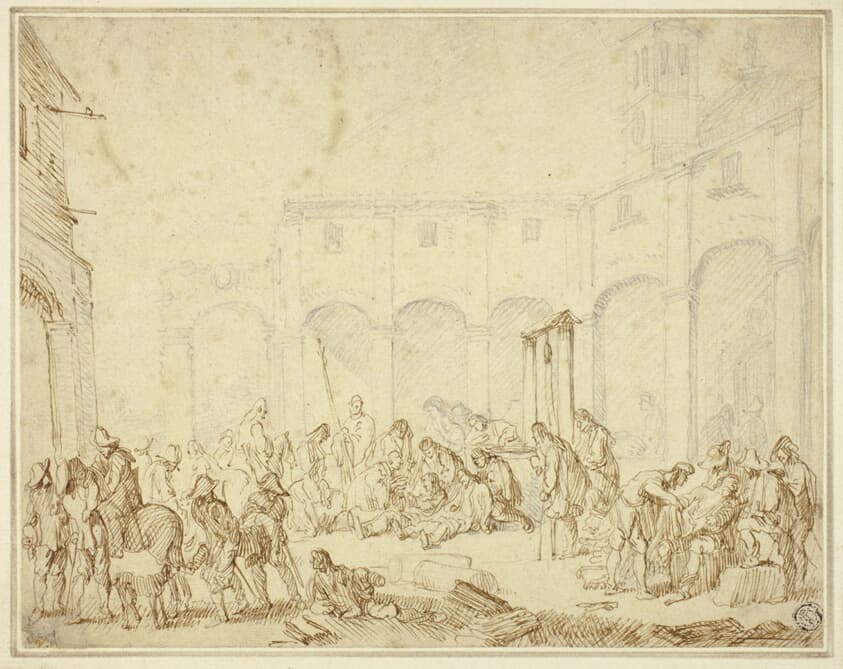 Wounded Soldiers in a Courtyard on Town Square — Cornelis de Wael