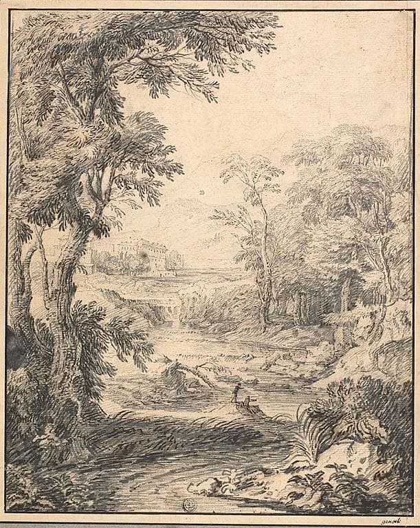 River Landscape with Two Figures in Foreground, Castle in Distance — Abraham Genoels II