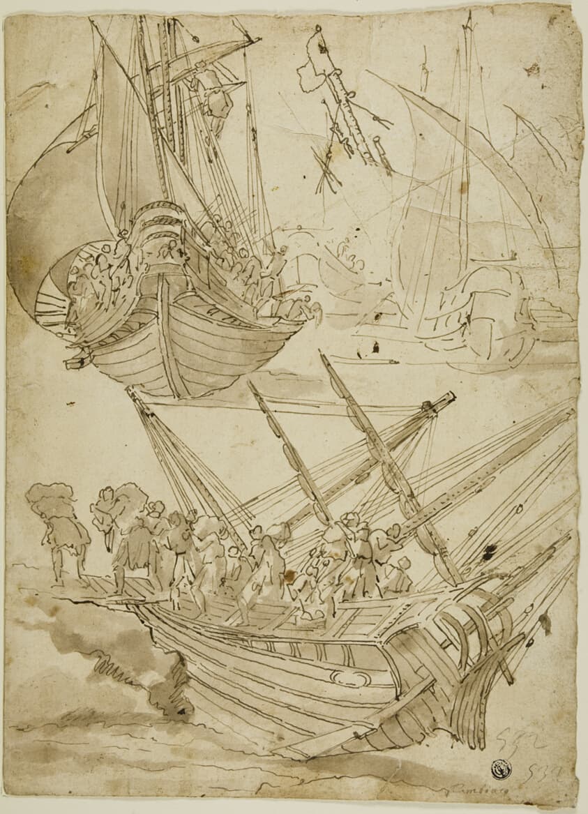 Crew Abandoning Ship (recto) Sketches of Corinthian Columns (verso) — Lazzaro Tavarone