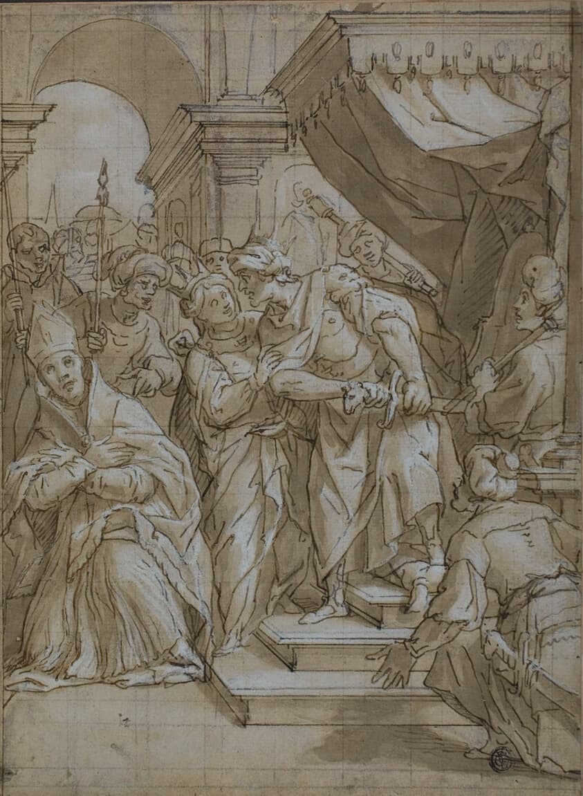 Queen Intervening to Spare the Life of a Bishop Saint — Lazzaro Tavarone