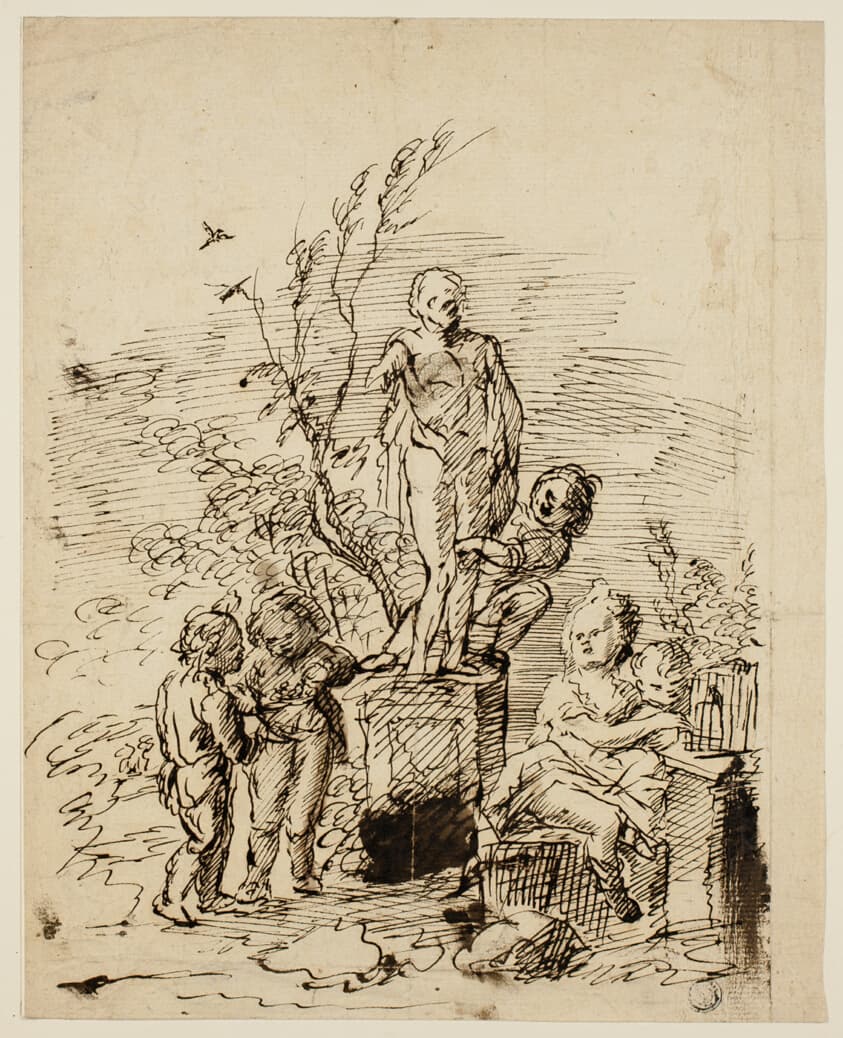 Children Playing near Statue in Garden — John Vanderbank