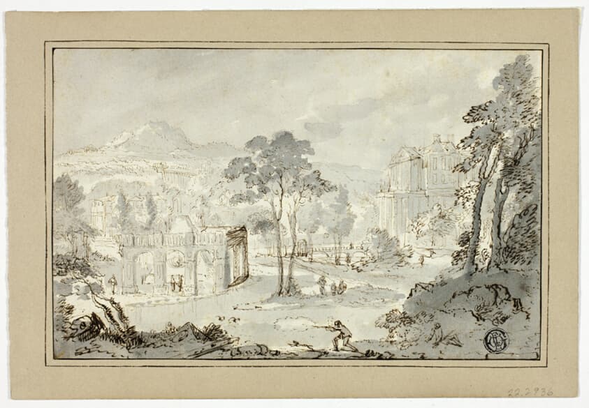 Hunter with Dog, Other Figures in Landscape with Villa, Canal, Pyramid — Gaspar van Wittel