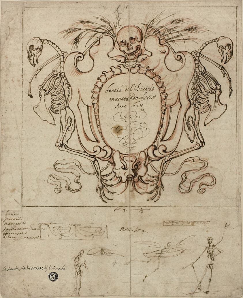Funereal Cartouche with Inscription and Sketches of Skeletons and Ornamental Details — Baccio del Bianco
