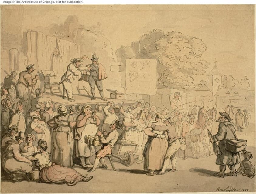 Village Fair: Harlequin and Quack — Thomas Rowlandson