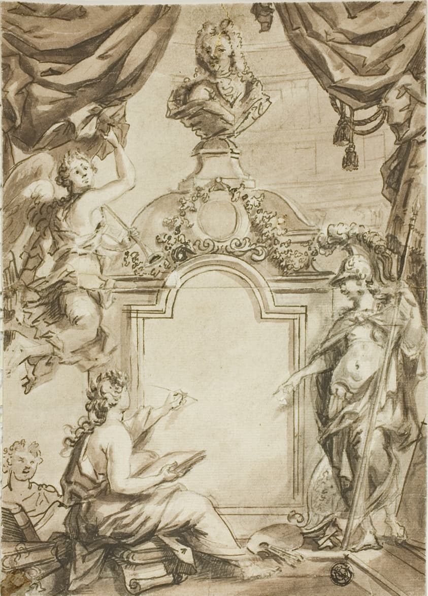 Design for Title page: Clio Taking Dictation from Minerva — Gerard de Lairesse