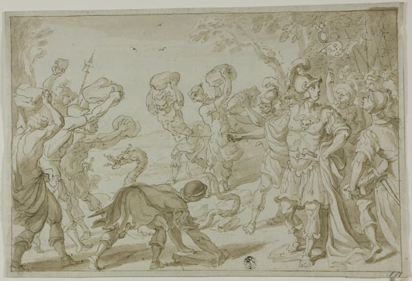 Roman Soldiers Stoning a Serpent — Abraham Bloemaert