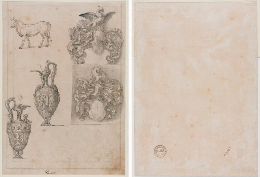 Design for Two Vases, Two Coats of Arms, and a Bull (recto) Several Line Borders (verso) — Luzio Romano