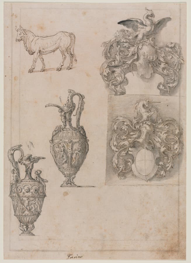 Design for Two Vases, Two Coats of Arms, and a Bull (recto) — Luzio Romano