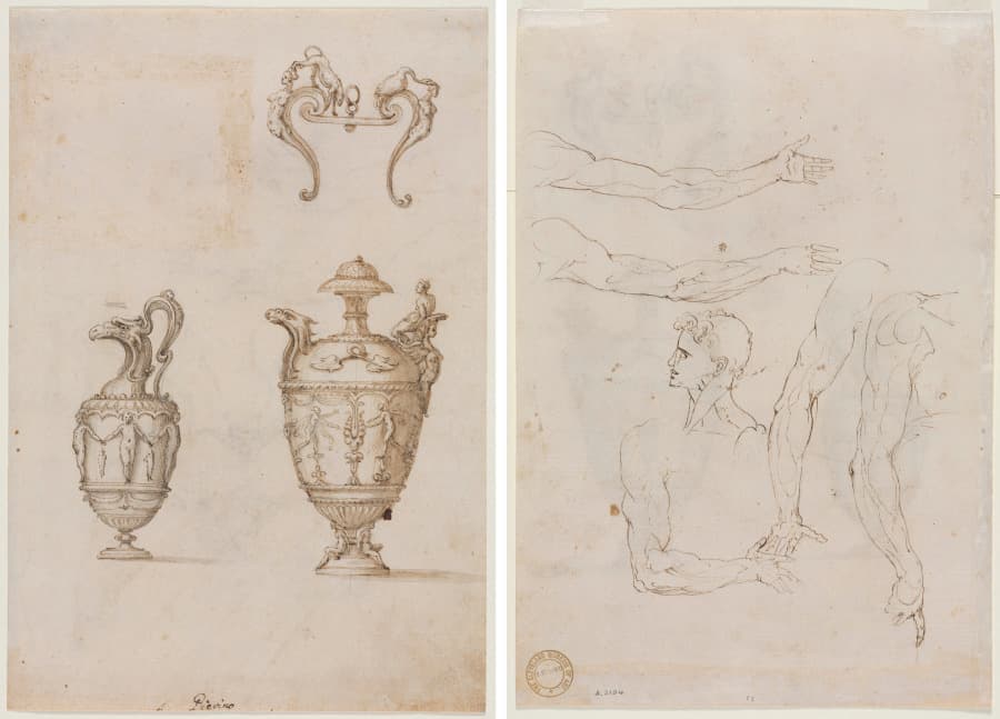 Design for Two Vases and an Ornament (recto); Sketches of Five Arms and a Head (verso) — Luzio Romano