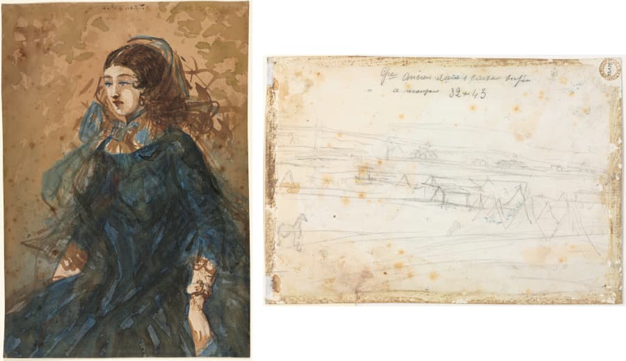 Woman in a Blue Dress (recto); War Encampment Scene (verso) — Constantin Guys