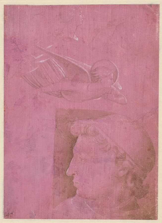 Head of a Man, Two Studies of a Woman's Profile, and a Study of An Angel (verso) — Benozzo Gozzoli