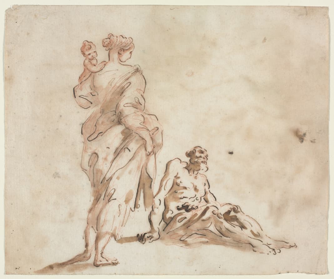 A Standing Woman Holding a Child, a Seated Male at her Feet — Alessandro Magnasco