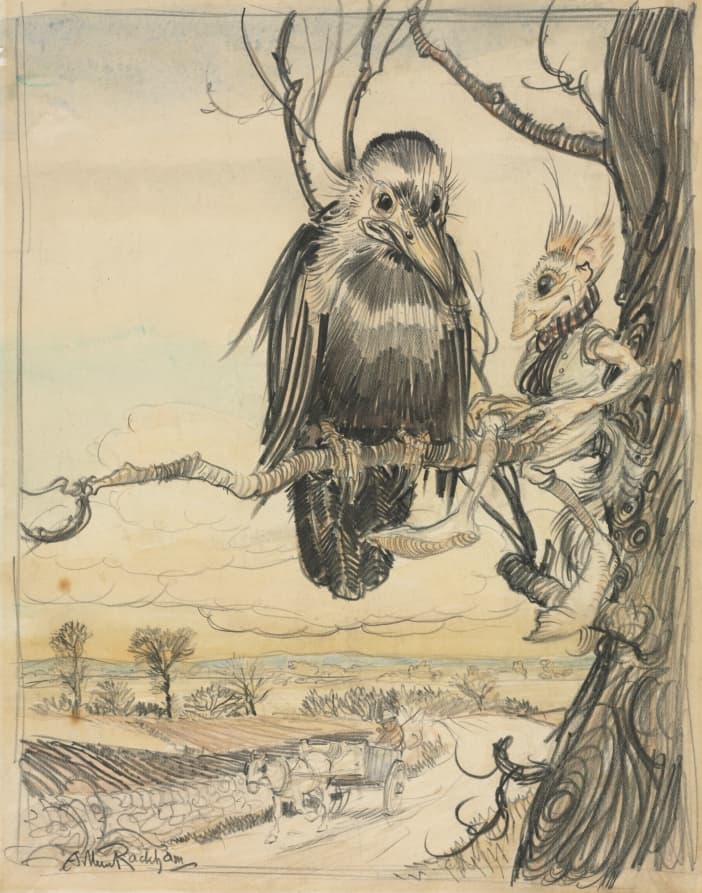 A Squirrel and a Crow — Arthur Rackham