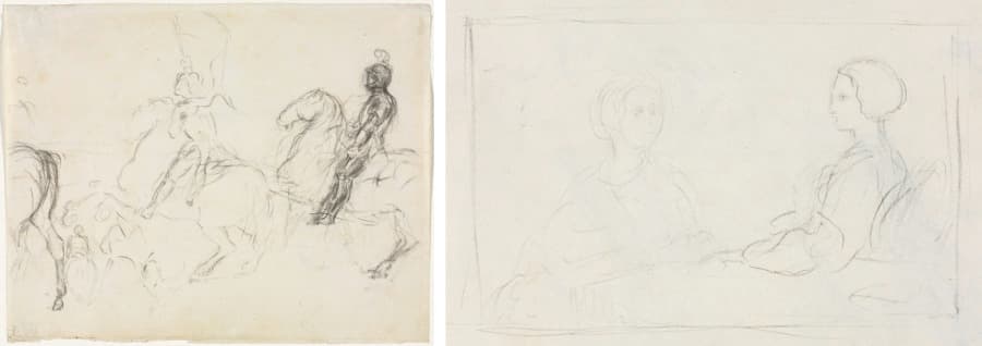 Battle Scene with Armored Figures on Horseback (recto) Two Seated Women (verso) — Edgar Degas