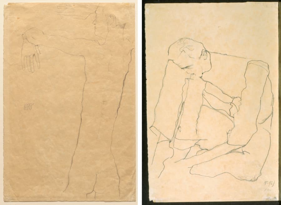 Nude Man with Raised Arms (recto) Seated Man (verso) — Egon Schiele