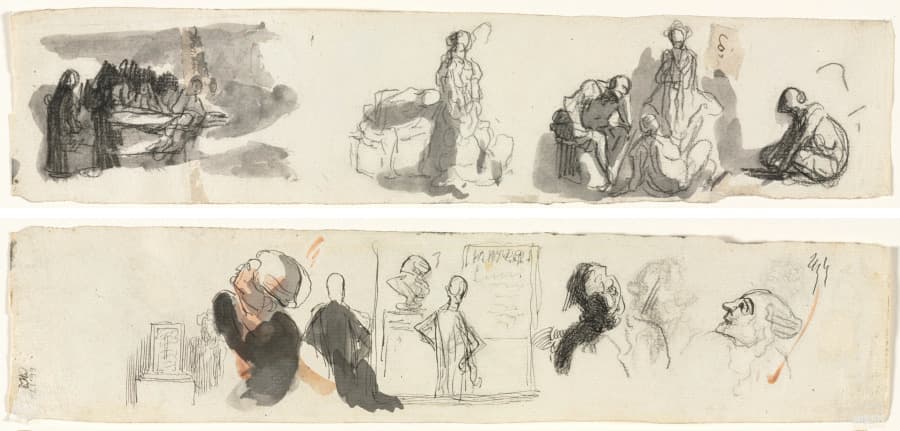 Sheet of Studies with a Group of Four Figures to the Right (recto) Sketches of Various Figures (verso) — Honoré Daumier