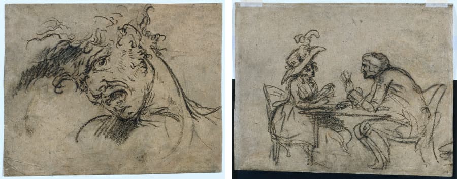 Head of a Screaming Man (recto); Woman and Man Playing Cards (verso) — Benjamin West