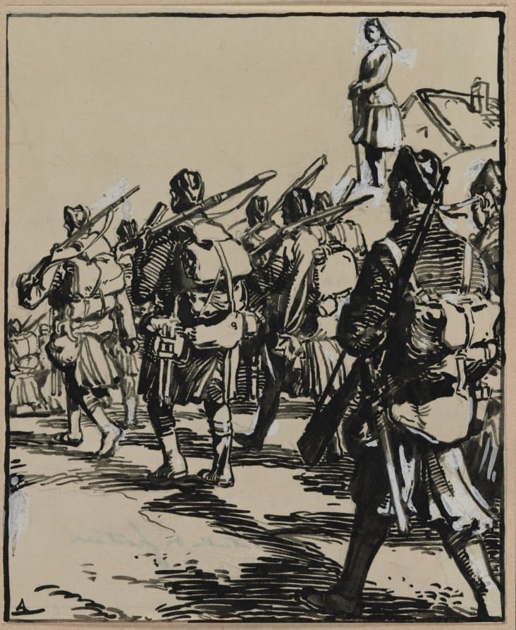 Bataille des frontières: groupe des soldats britanniques — Auguste Louis Lepère