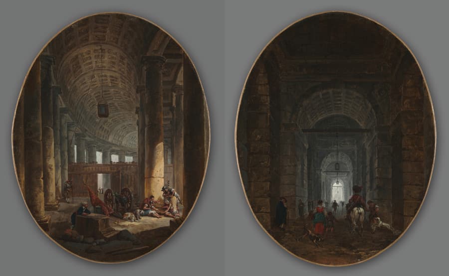 Pair of Paintings: The Colonnade of St. Peter's, Rome, during the Conclave and The Grotto of Posillipo — Hubert Robert