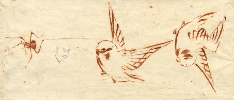 Sketch Page with Birds and Spider — Katsushika Hokusai