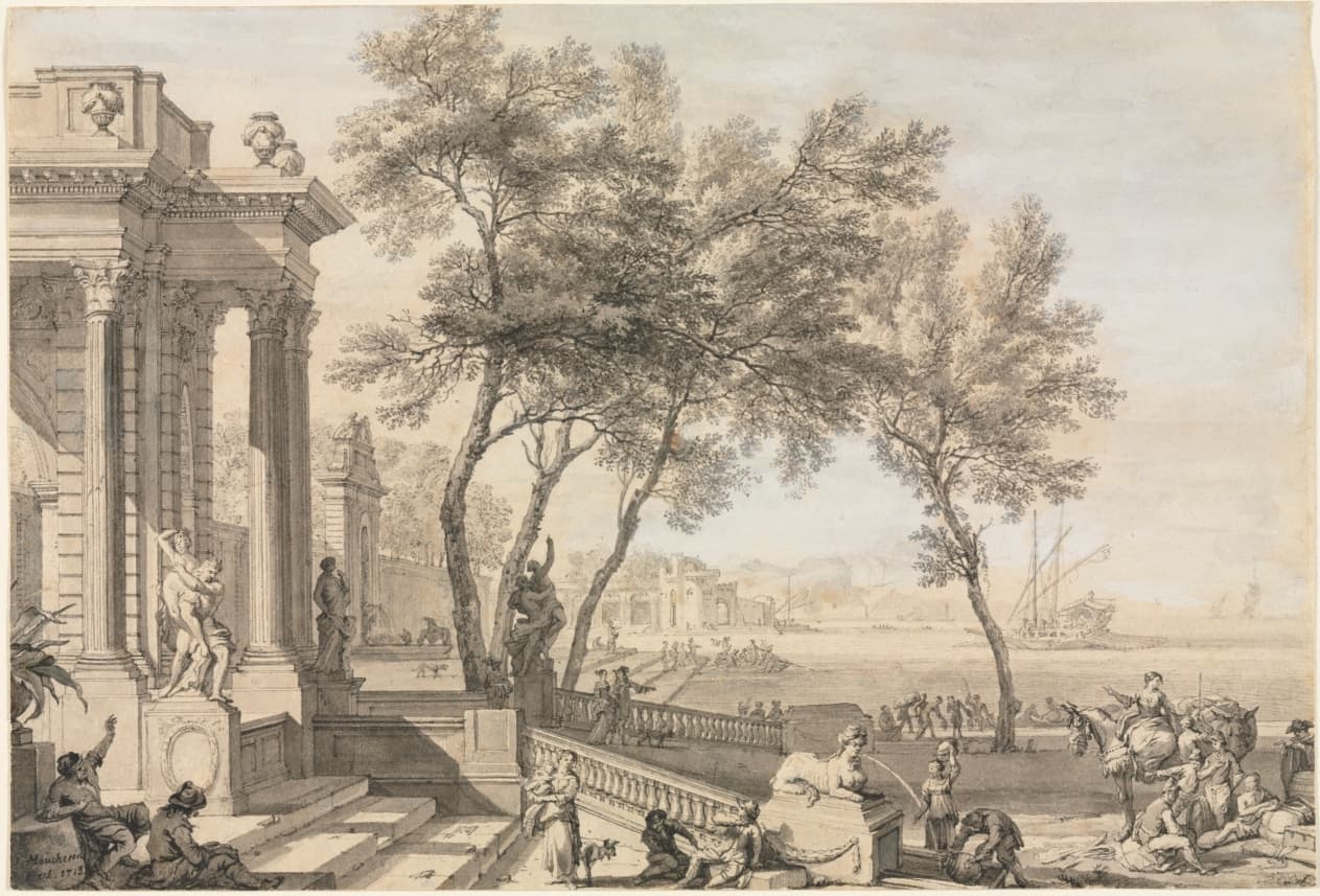 Fantastic Harbor Scene with Architecture and Figures — Isaac de Moucheron