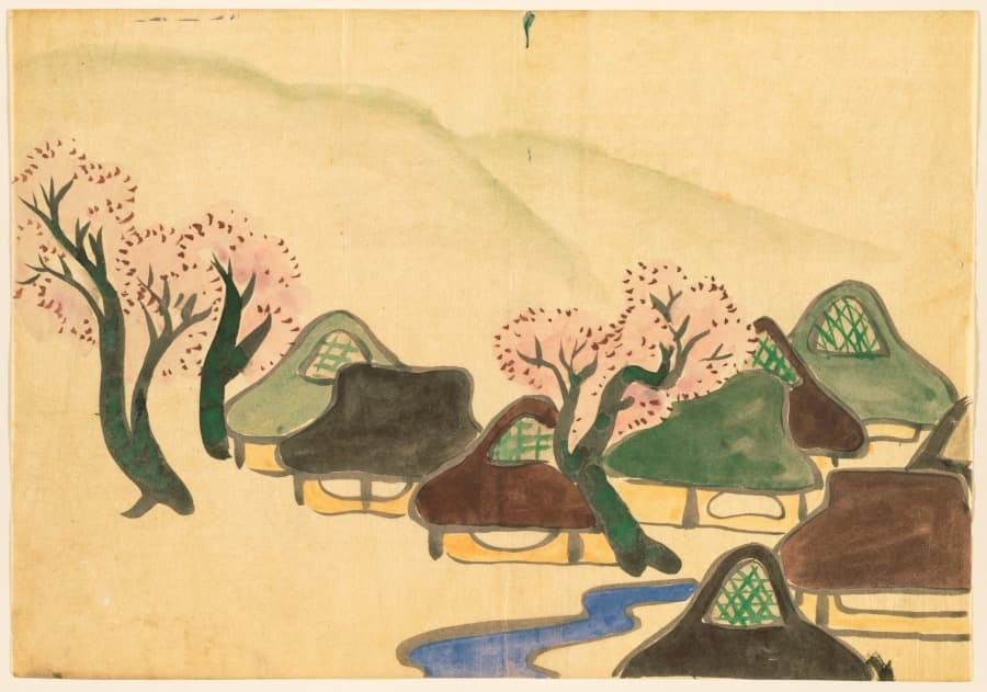 Flowers of a Hundred Worlds (Momoyogusa): Farming Village in Spring (Harudenka) — Kamisaka Sekka