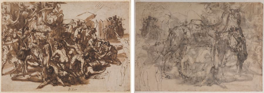 Poros Assailed by the Macedonian Army (recto); Sketches of Animals (verso) — Perino del Vaga