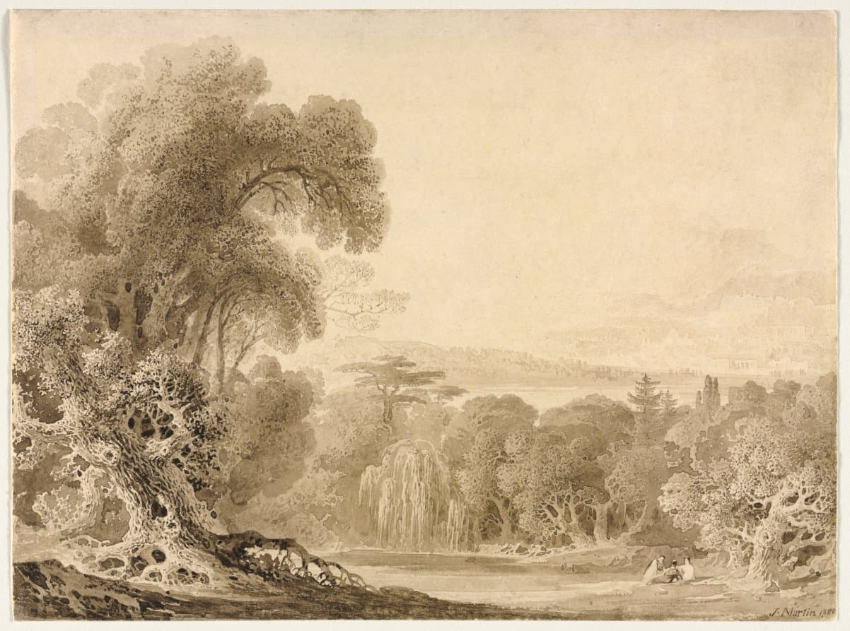 Figures Seated by a Lake in a Wooded Landscape — John Martin