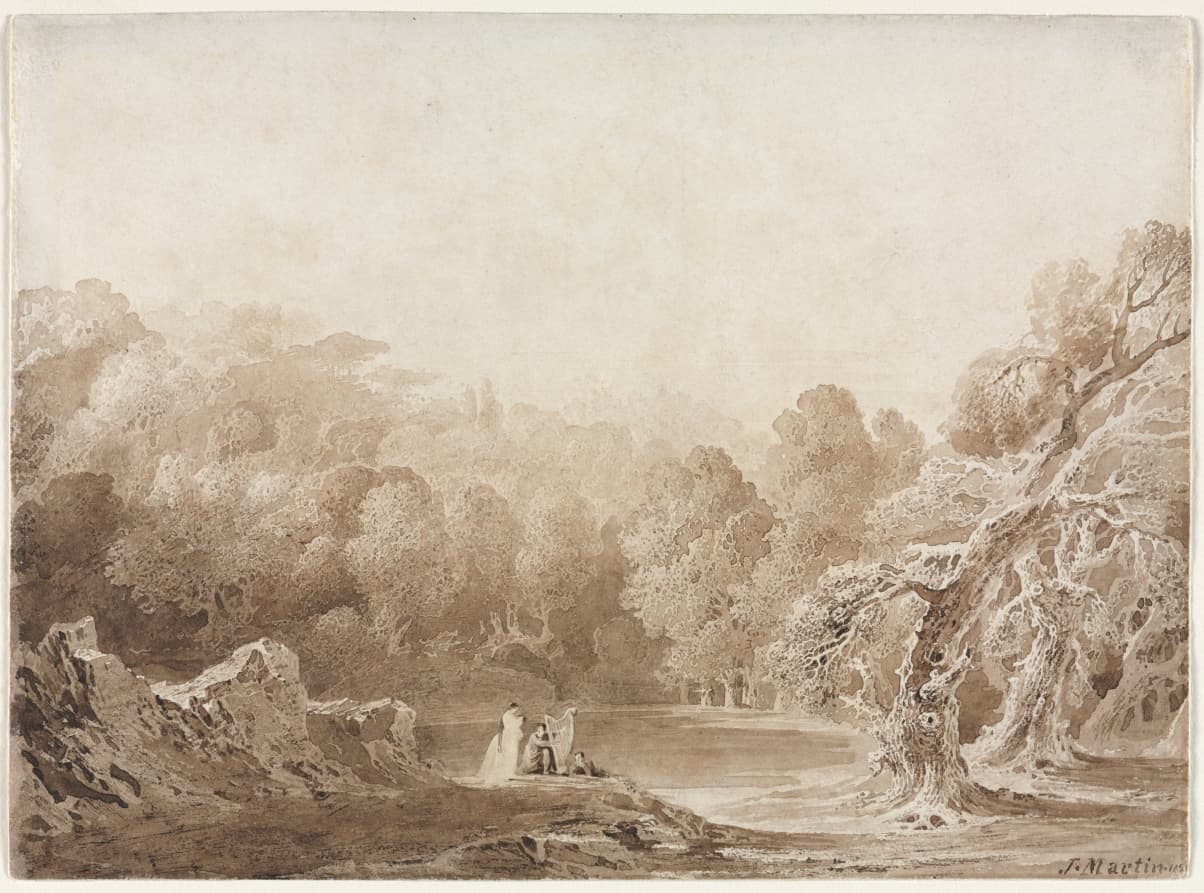 A Man Playing a Harp with other Figures beside a Lake — John Martin