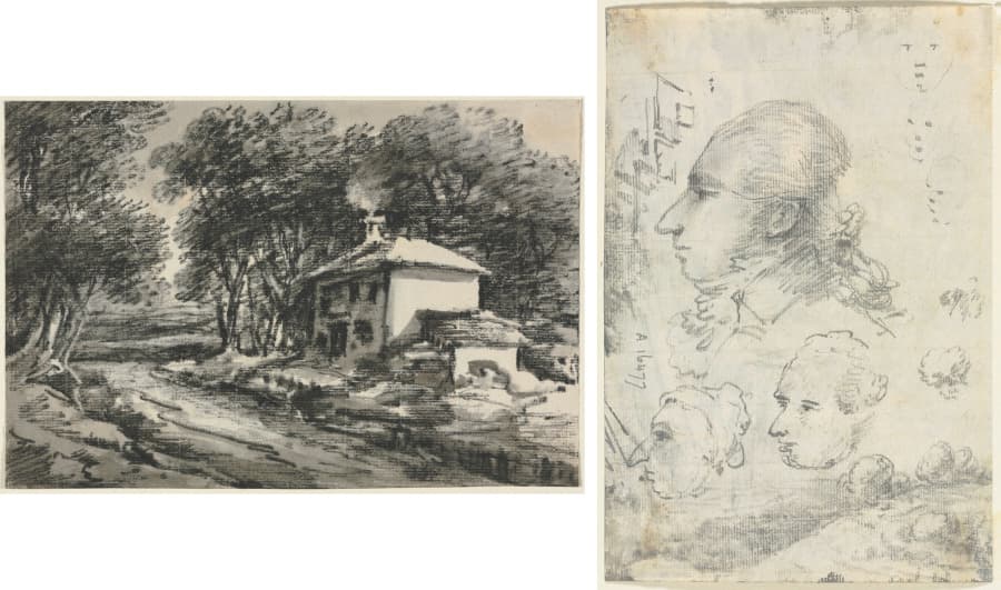 Landscape with Cottage (recto); Studies of Heads (verso) — Thomas Monro