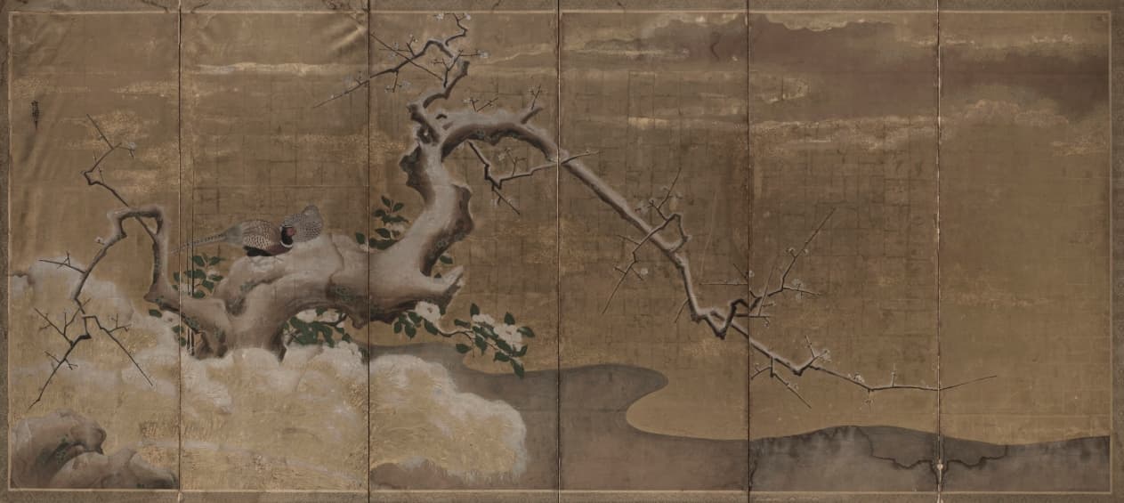 Winter Scene with Plum Trees and Pheasants (Birds Right) — Kano Naonobu