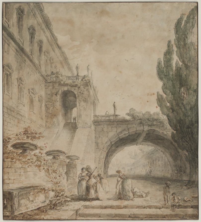 A Palace with an Arched Bridge (A Roman Villa) — Hubert Robert
