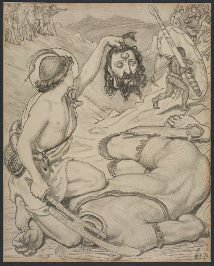 David and Goliath, Cartoon for Stained Glass Window at Jesus College, Cambridge — Ford Madox Brown