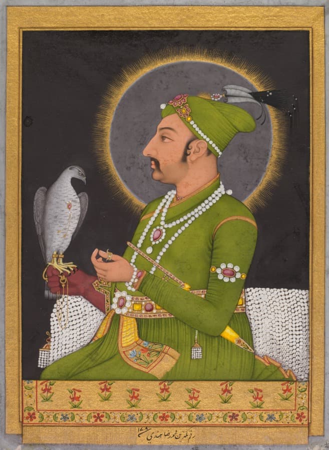 Posthumous portrait of the Mughal emperor Muhammad Shah (reigned 1719–1748) holding a falcon (recto) — Muhammad Rizavi Hindi