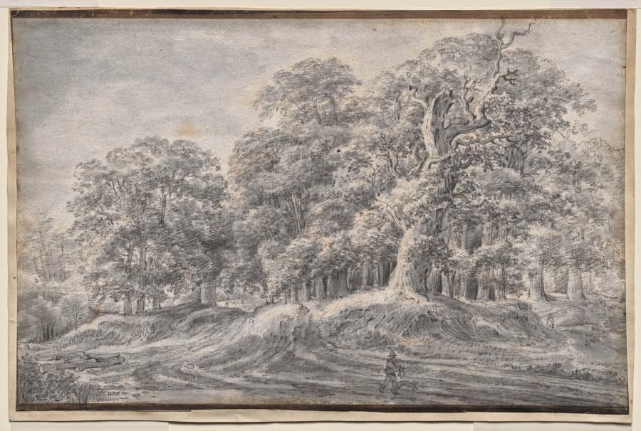 A Track on the Edge of a Wood with a Peasant Carrying Sheep — Anthonie Waterloo